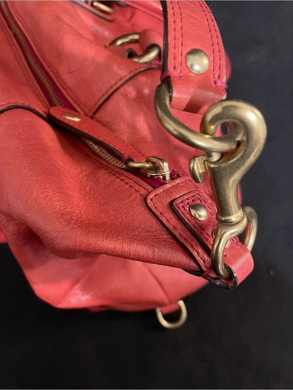 Coach Red-Orange Pebbled Leather Madison Sabrina Satchel with Gold Hardware
